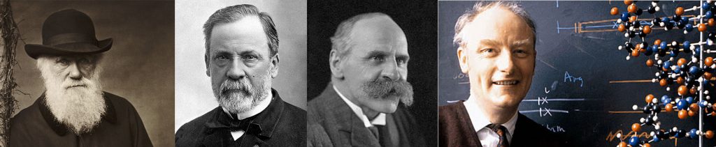 Da sinistra verso destra: C. Darwin, L. Pasteur, J.S. Haldane  e F. Crick