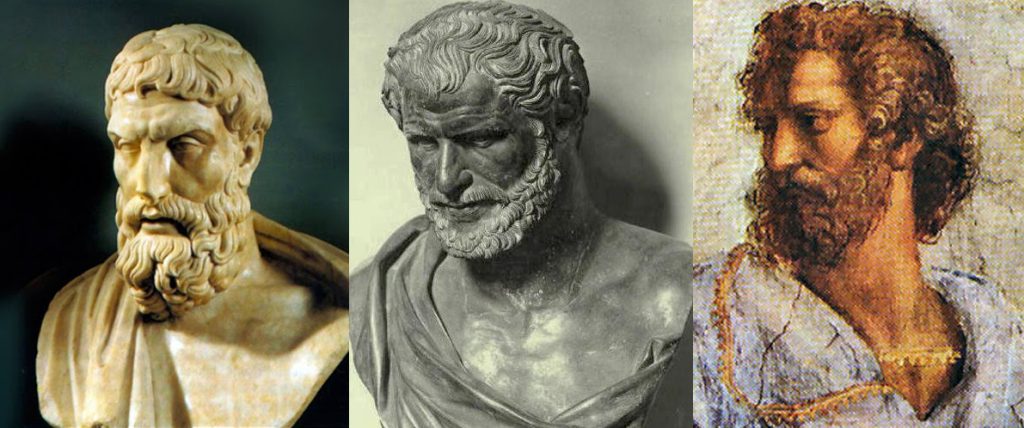 Da sinistra verso destra: Democrito, Epicuro e Aristotele 