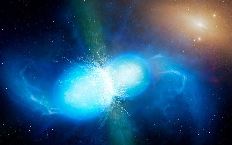 Impressione artistica della fusione di due stelle di neutroni in un sistema binario