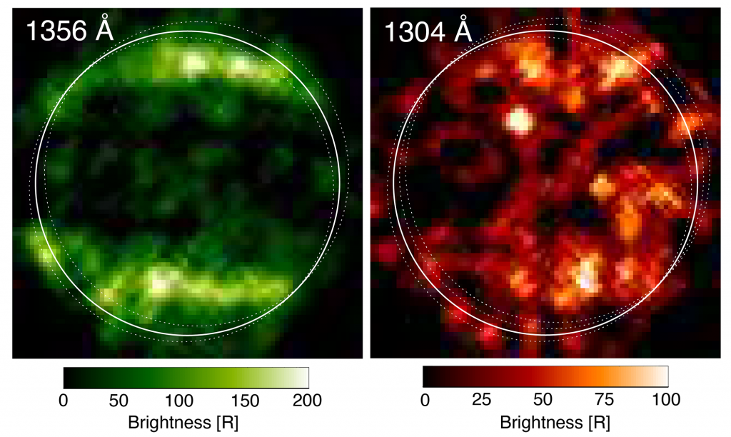 Nel 1998, il telescopio spaziale Imaging Spectrograph di Hubble ha scattato queste prime immagini ultraviolette di Ganimede, che hanno rivelato un modello particolare nelle emissioni osservate dall'atmosfera della luna. La luna mostra bande aurorali che sono in qualche modo simili agli ovali di aurora osservati sulla Terra e su altri pianeti con campi magnetici
