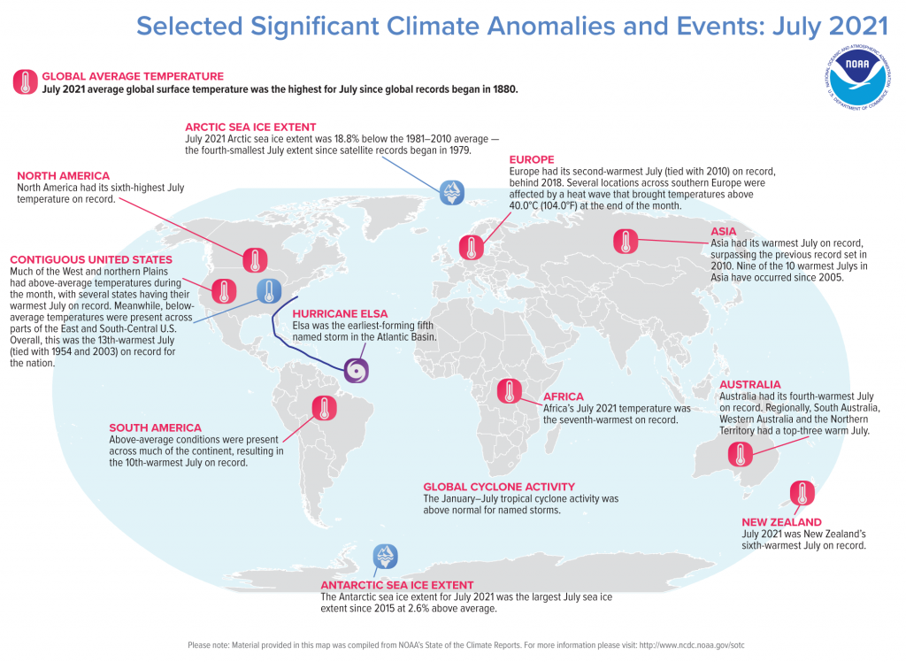 Una mappa del mondo tracciata con alcuni degli eventi climatici più significativi che si sono verificati nel luglio 2021