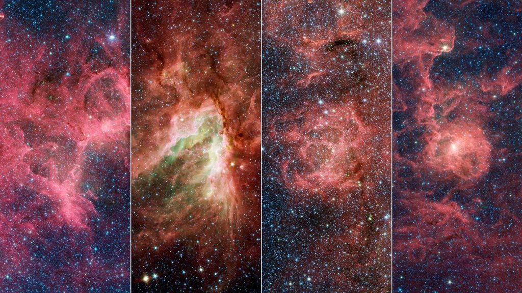 Qui (da sinistra) sono mostrate le nebulose Eagle, Omega, Triffid e Lagoon, riprese dal telescopio spaziale Spitzer a infrarossi della NASA. Queste nebulose fanno parte di una struttura all'interno del braccio del Sagittario della Via Lattea che sporge dal braccio con un'angolazione drammatica.