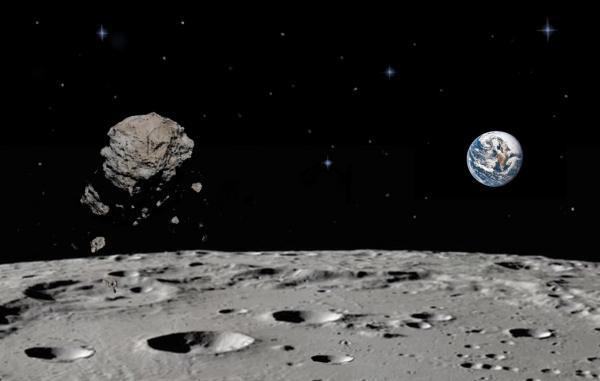 Rappresentazione artistica di Kamo`oalewa come ejecta da impatto dalla superficie lunare, una delle ipotesi proposte per spiegare l'origine di questo asteroide