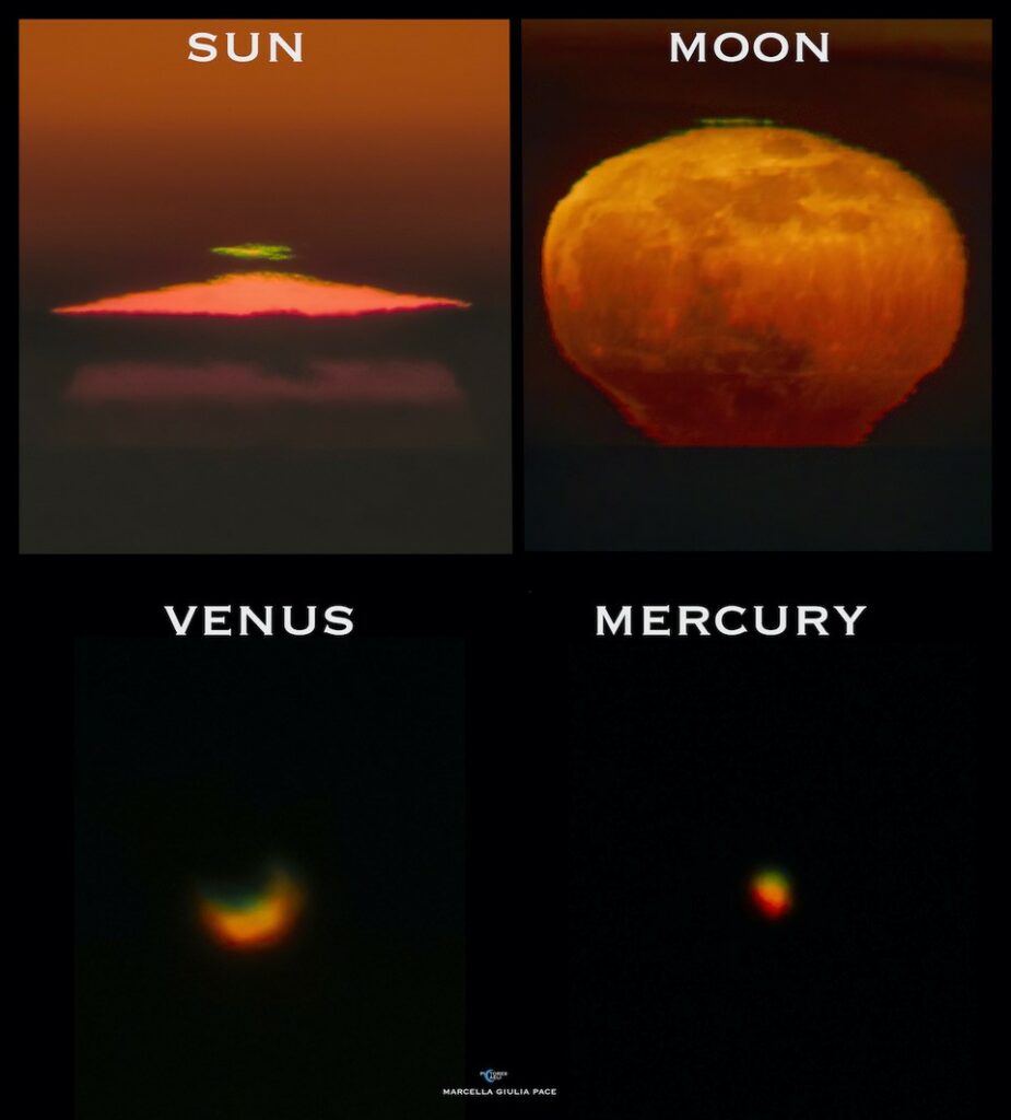 Ecco vari green flash ripresi su Sole, Luna, Venere e Mercurio