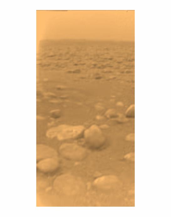 Foto della superficie di Titano, scattata il 14 Gennaio 2005, dopo l'elaborazione con l'aggiunta dei dati degli spettri di riflessione