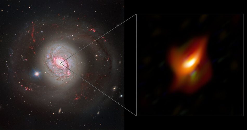 Il pannello sinistro di questa immagine mostra una vista abbagliante della galassia attiva Messier 77 catturata con il Riduttore FOcal e lo strumento Spectrograph 2 a bassa dispersione (FORS2) sul Very Large Telescope dell'ESO. Il pannello di destra mostra una vista ingrandita della regione più interna di questa galassia, il suo nucleo galattico attivo, come si vede con lo strumento MATISSE sul Very Large Telescope Interferometer dell'ESO.