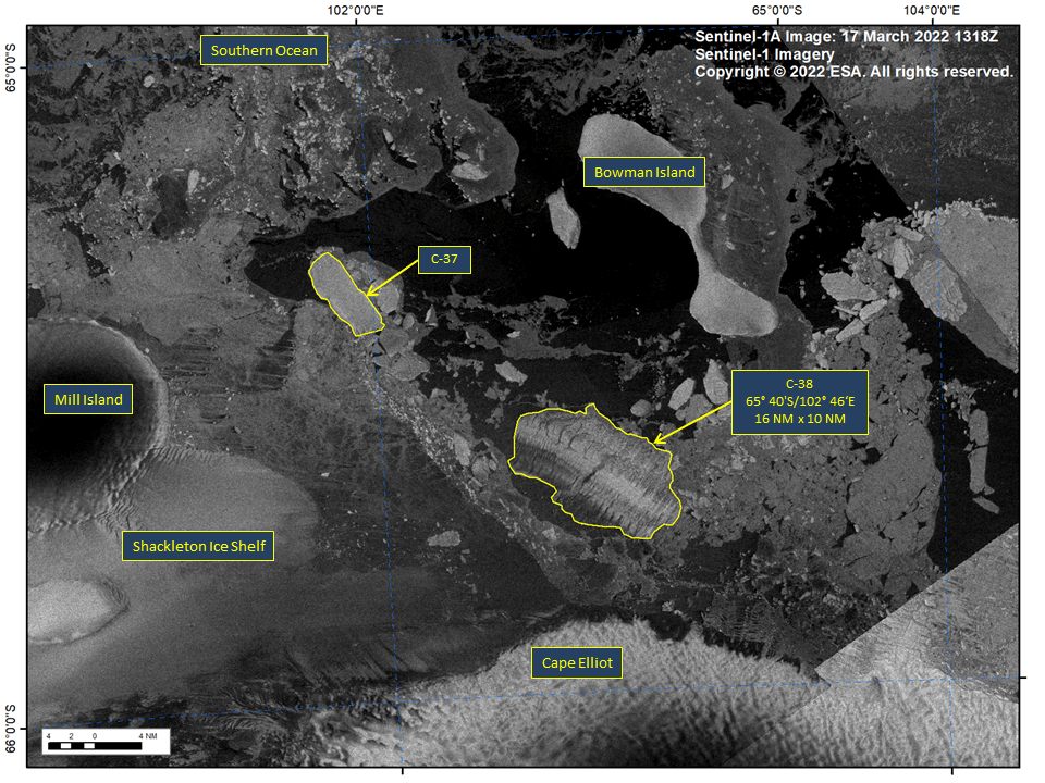 Figura 1: immagine Sentinel-1A degli iceberg C-38 del 17 marzo 2022 in Antartide