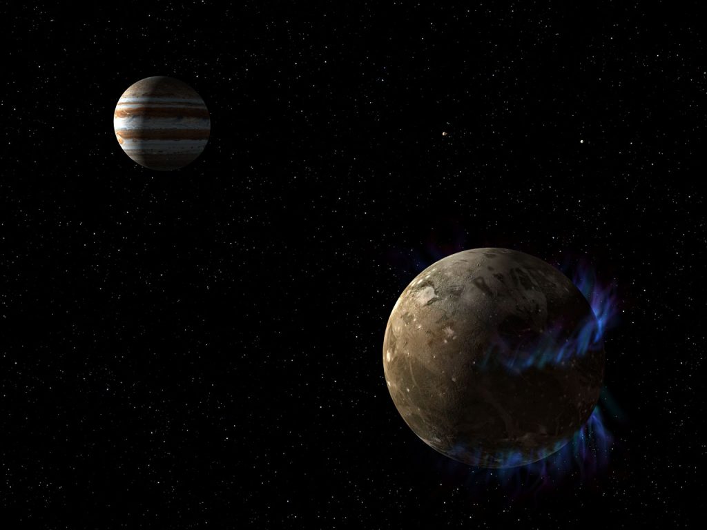 Rappresentazione artistica di un aurora su Ganymede