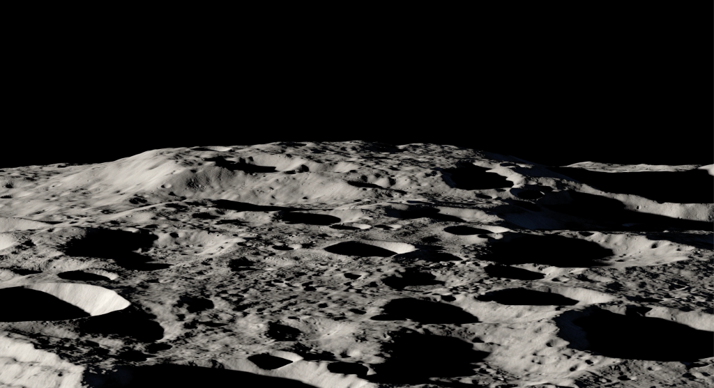 Un'illustrazione di Mons Mouton, una monte lunare simile a una mesa che sovrasta il paesaggio scolpito dai crateri vicino al Polo Sud della Luna.. Credit: NASA/Science Visualization Studio