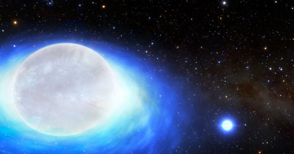 Questa è l'impressione di un artista del primo rilevamento confermato di un sistema stellare che un giorno formerà una kilonova, l'esplosione ultra potente che produce oro creata dalla fusione di stelle di neutroni. Questi sistemi sono così straordinariamente rari che si pensa che ne esistano solo circa 10 nell'intera Via Lattea.