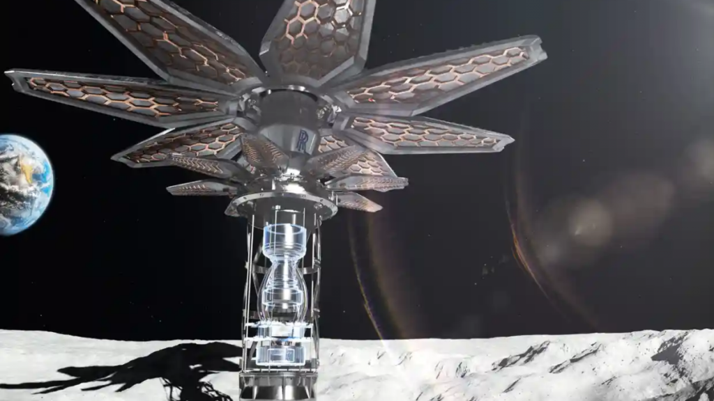 Rappresentazione artistica di un microreattore Rolls-Royce Space Flower, per fornire l'energia necessaria per una presenza umana continua sulla Luna