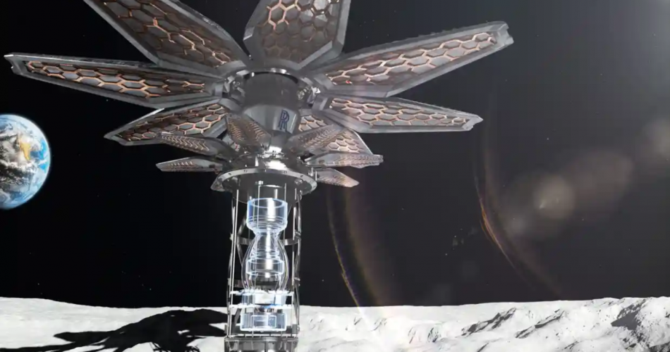 Rappresentazione artistica di un microreattore Rolls-Royce Space Flower, per fornire l'energia necessaria per una presenza umana continua sulla Luna