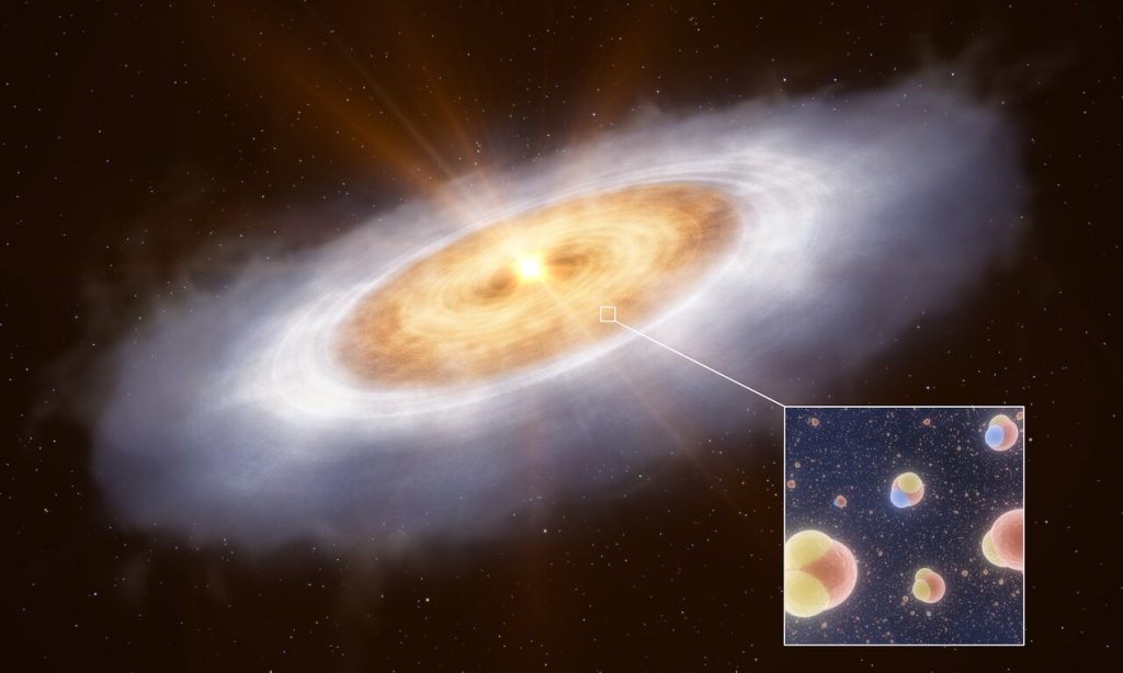 L'acqua nel disco planetario attorno alla stella V883 Orionis (rappresentazione artistica)