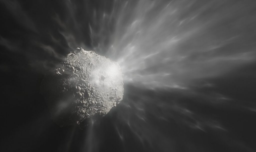Rappresentazione artistica delle conseguenze dell'impatto della DART sull'asteroide Dimorphos