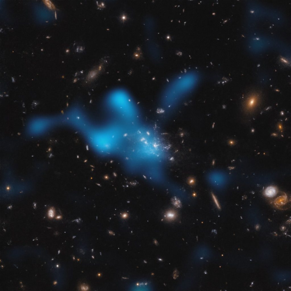 Questa immagine mostra il protoammasso attorno alla galassia Spiderweb (formalmente nota come MRC 1138-262), visto in un momento in cui l'Universo aveva solo 3 miliardi di anni.