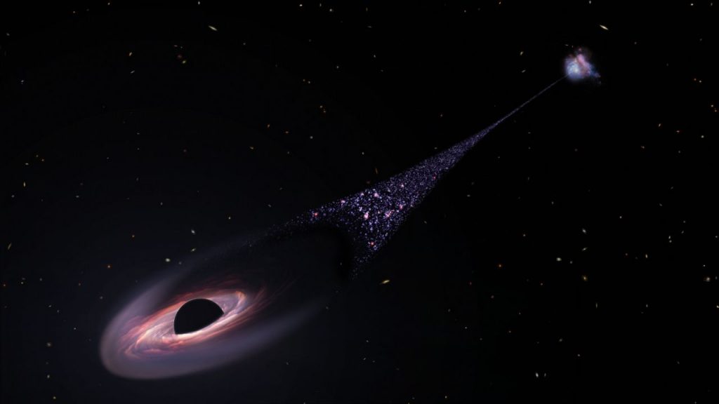 Rappresentazione artistica del buco nero con la scia di stelle