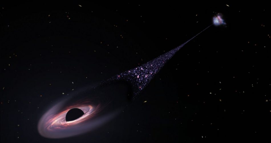 Rappresentazione artistica del buco nero con la scia di stelle