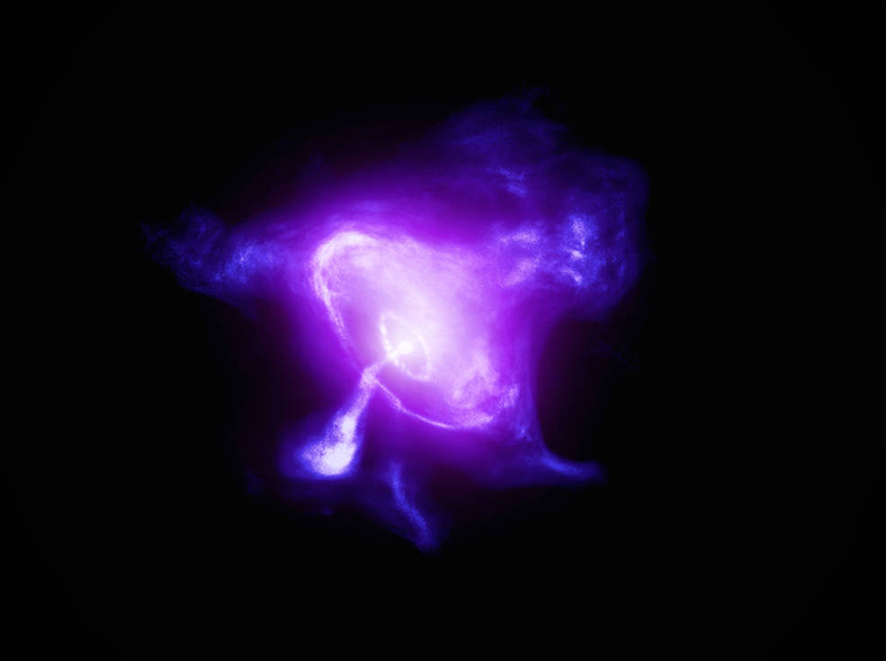 Immagine della Nebulosa del Granchio ottenuta combinando i dati dell'IXPE in magenta e dell'Osservatorio a raggi X Chandra della NASA in viola scuro. Crediti: X-ray (IXPE: NASA), (Chandra: NASA/CXC/SAO) Image processing: NASA/CXC/SAO/K. Arcand & L. Frattare.