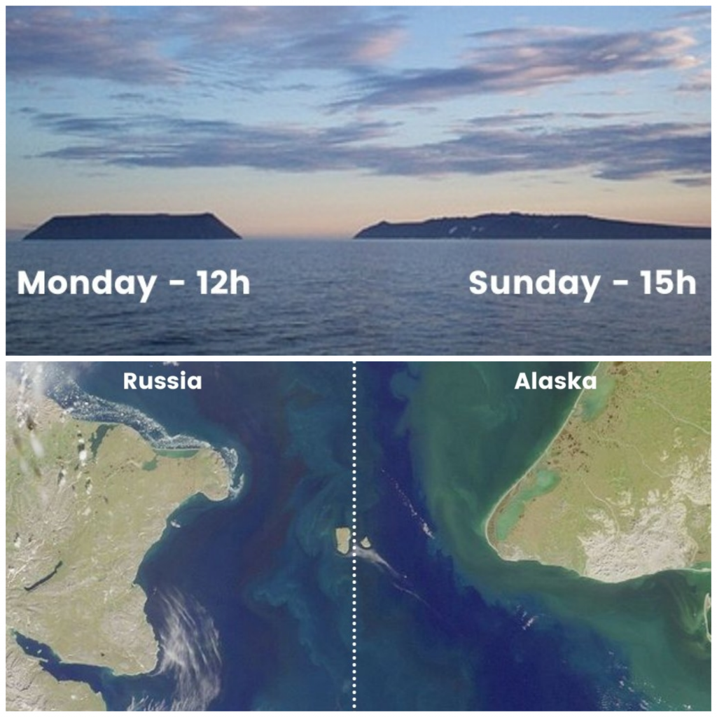 Siamo tra il continente americano ed il continente asiatico precisamente al confine tra il mare di Bering ed il mare Ciukci (stretto di Bering): quelle che vedete sono le isole Tomorrow Island (Russia) e Yesterday Island (USA). Sono separate da soli 3,7 chilometri ma c’è una differenza di fuso orario di 21 ore tra di esse. Conosciute come le isole Diomede, si trovano su due lati della International Date Line: questo fa si che l’isola più grande (Tomorrow) sia quasi un giorno più avanti rispetto alla più piccola (Yesterday). Per 21 ore al giorno le due isole si trovano praticamente in due giorni diversi. Di seguito, ecco le foto e la posizione ripresa da un satellite della NASA