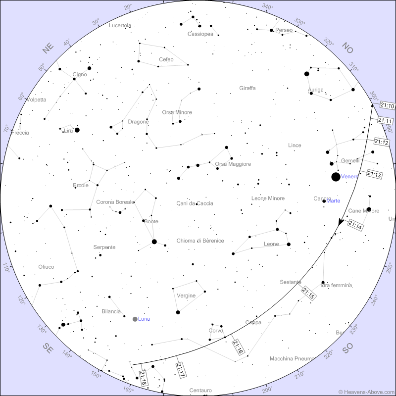 La mappa riferita al passaggio della Stazione Spaziale dalla Campania di domani 1 Giugno 2023