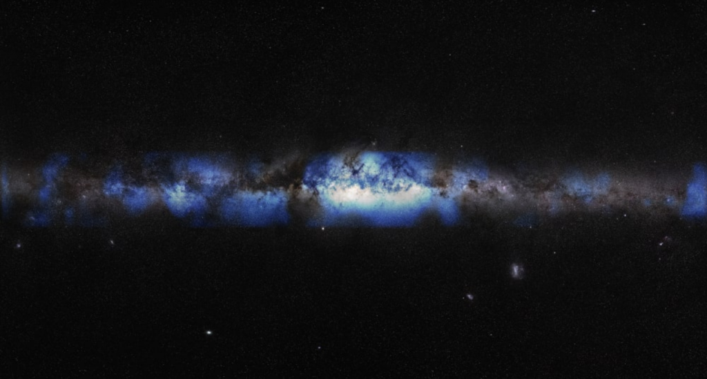 Una composizione artistica della Via Lattea vista attraverso una lente a neutrini (blu)