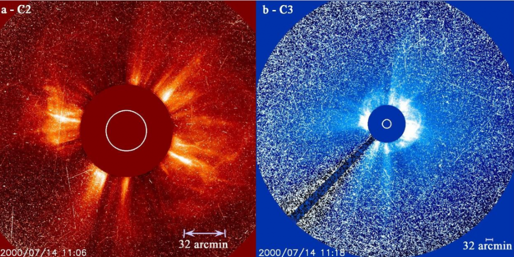 Raggi cosmici solari (puntini bianchi) emessi dal Sole durante una tempesta solare e catturati dalle fotocamere della sonda Soho