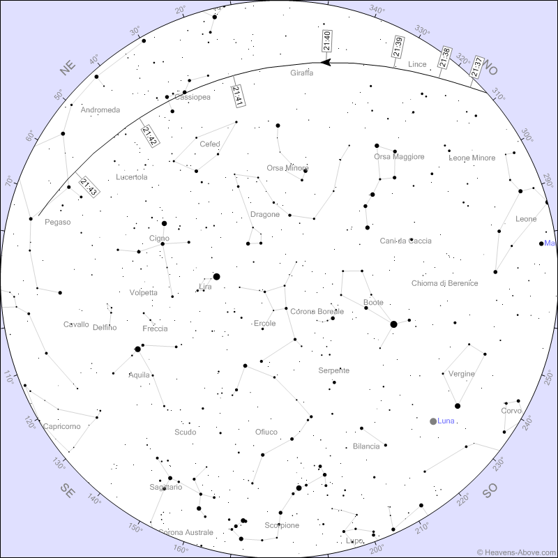 Kartan visar rymdstationens passage från Kampanien i kväll, 25 juli 2023