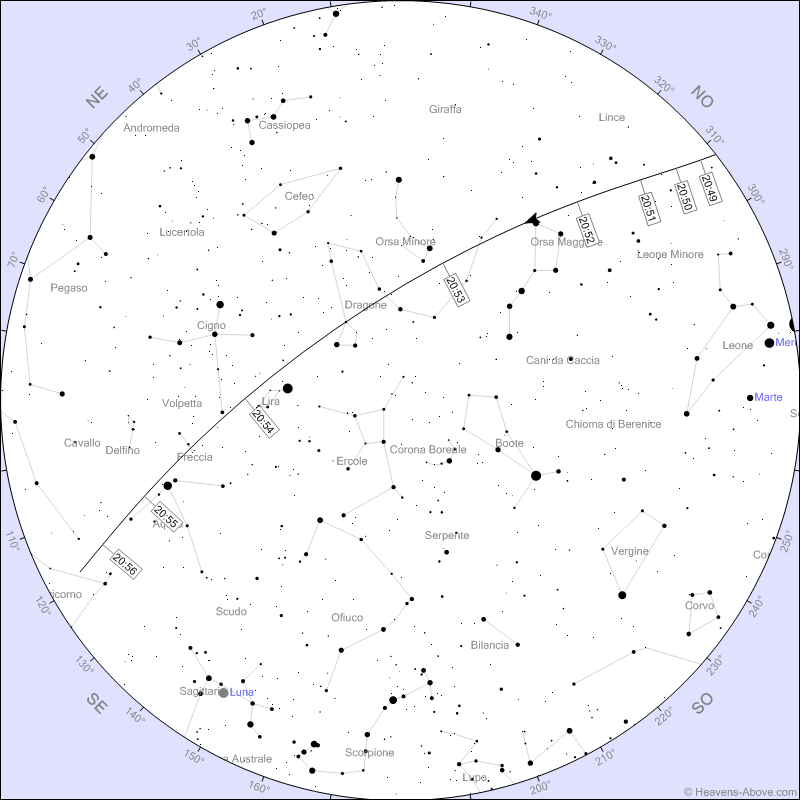 La mappa riferita al passaggio della Stazione Spaziale dalla Campania di stasera 27 Luglio 2023