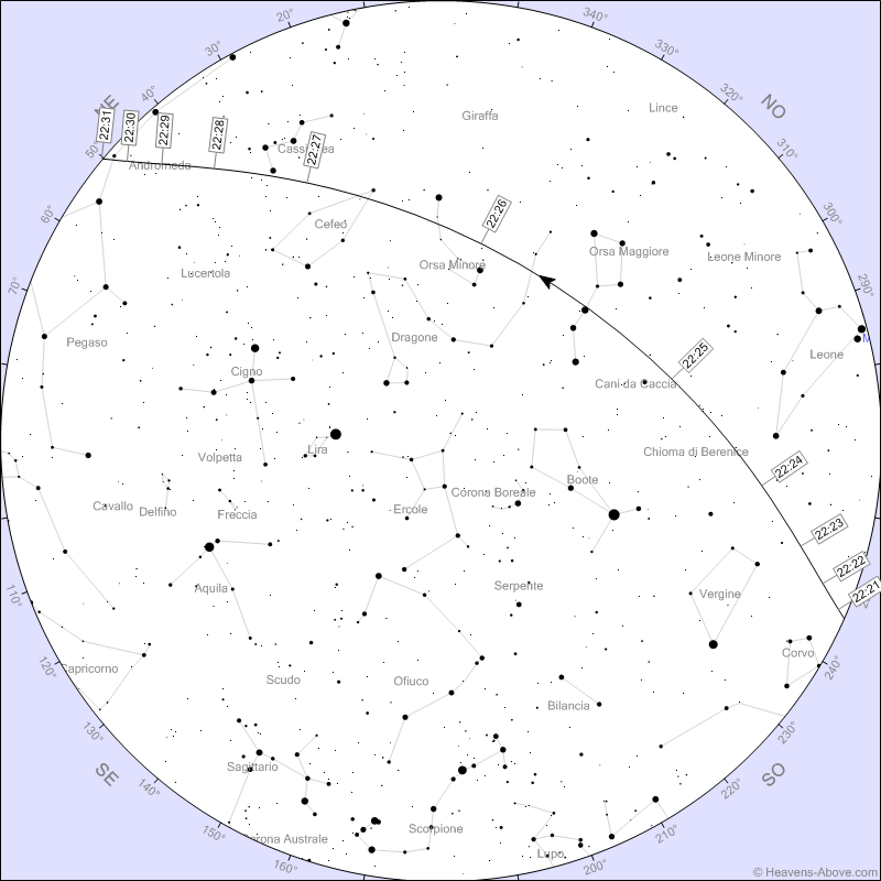La mappa riferita al passaggio della Stazione Spaziale dalla Campania di stasera 12 Luglio 2023