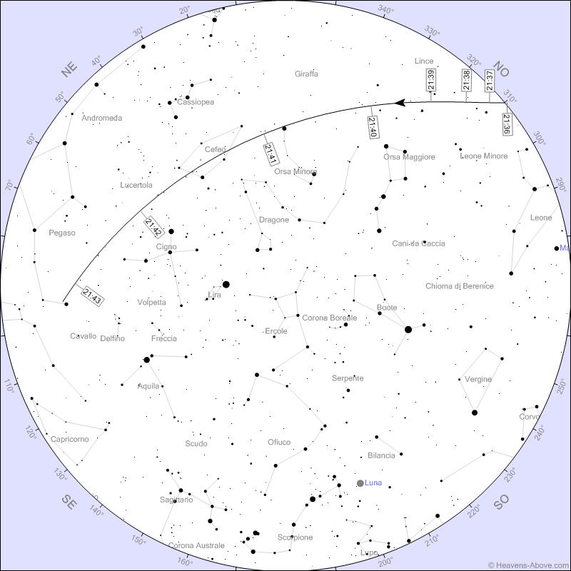 La mappa riferita al passaggio della Stazione Spaziale dalla Campania di stasera 27 Luglio 2023