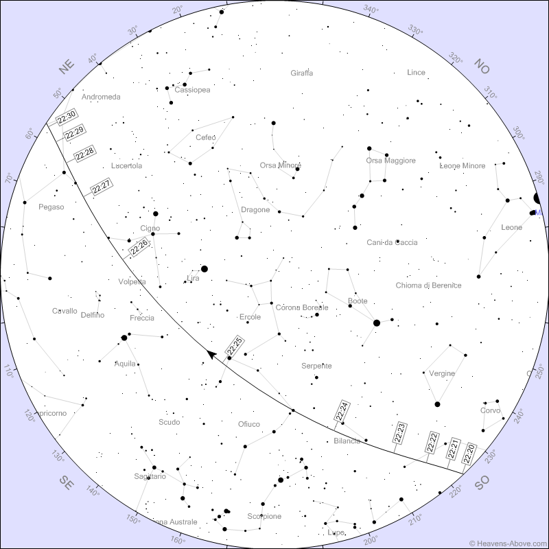 La mappa riferita al passaggio della Stazione Spaziale dalla Campania di domani 10 Luglio 2023