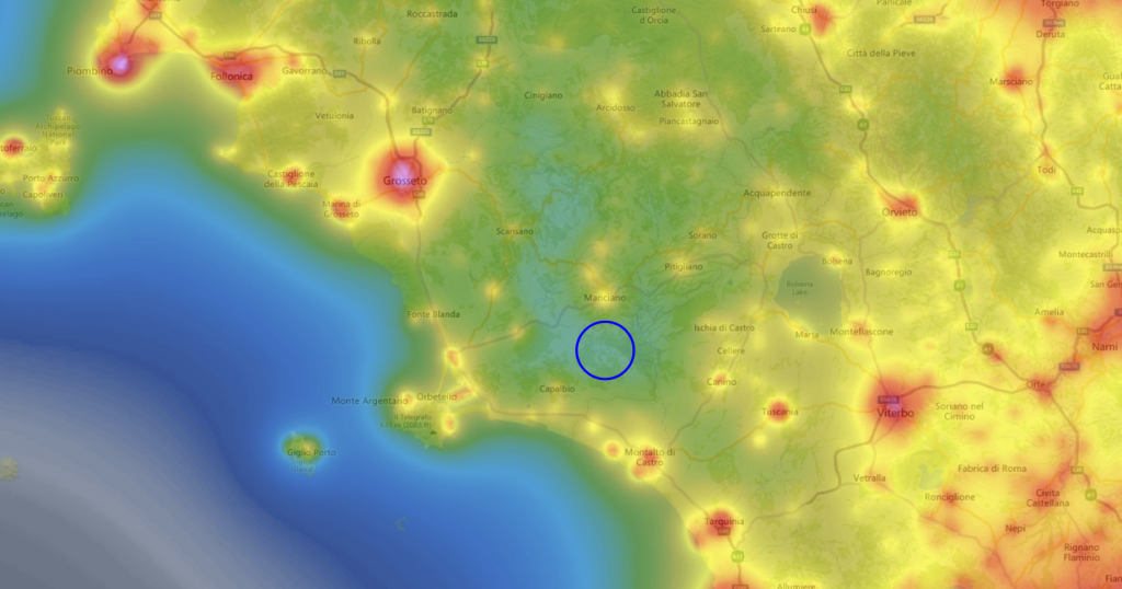 Inquinamento luminosa (mappa) zona Manciano / Grosseto