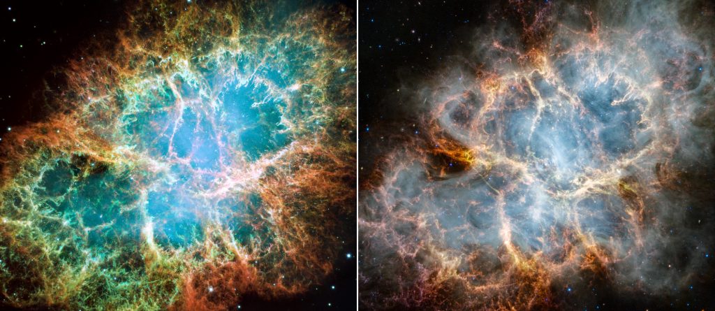 A sinistra la Nebulosa del Granchio ripresa da Hubble, a sinistra dal James Webb