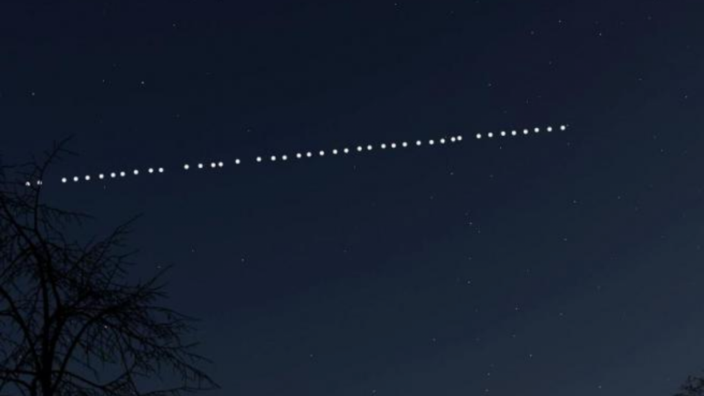 Il "trenino di luci" prodotto dai satelliti Starlink nel cielo notturno. Credito: Passione astronomia