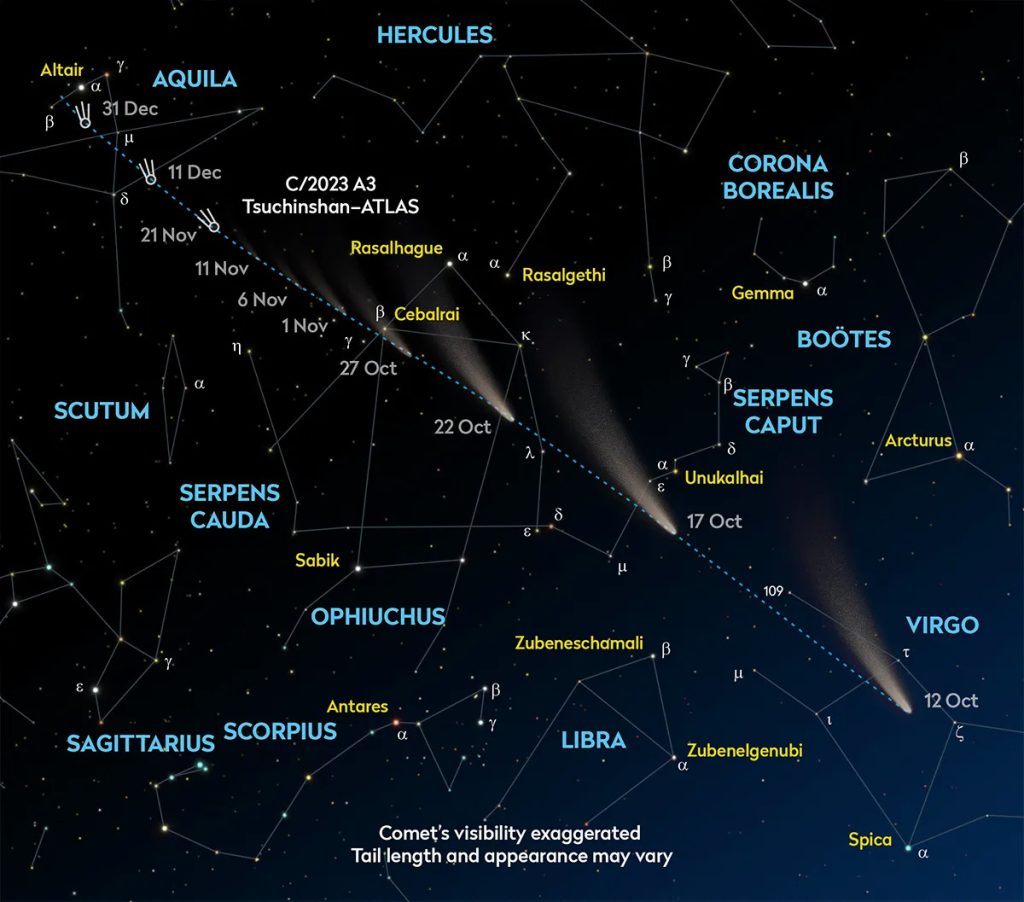 Posizione della cometa C/2023 A3 nel cielo notturno