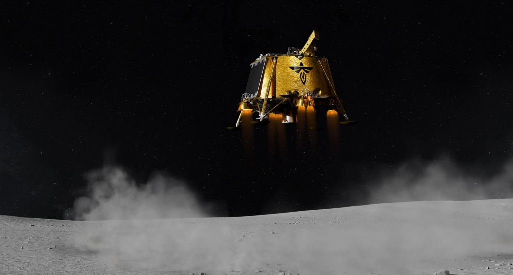 Rappresentazione artistica del Blue Ghost durante l'allunaggio. Credito: Firefly Aerospace