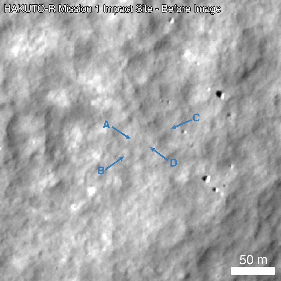 Il luogo dell'impatto della prima missione Hakuto-R, ripreso dalla sonda statunitense LRO Luna