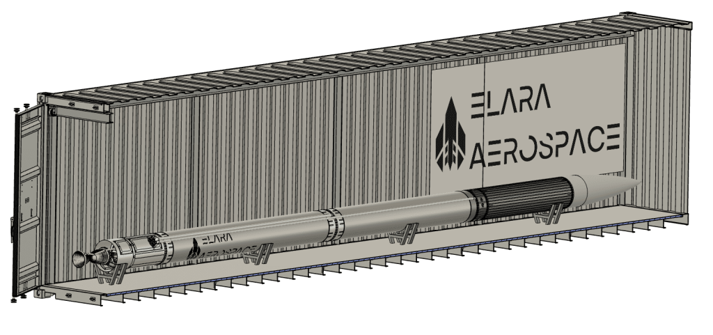 Rappresentazione grafica del lanciatore suborbitale della Elara Aerospace trasportabile in un container. Credito: Elara Aerospace