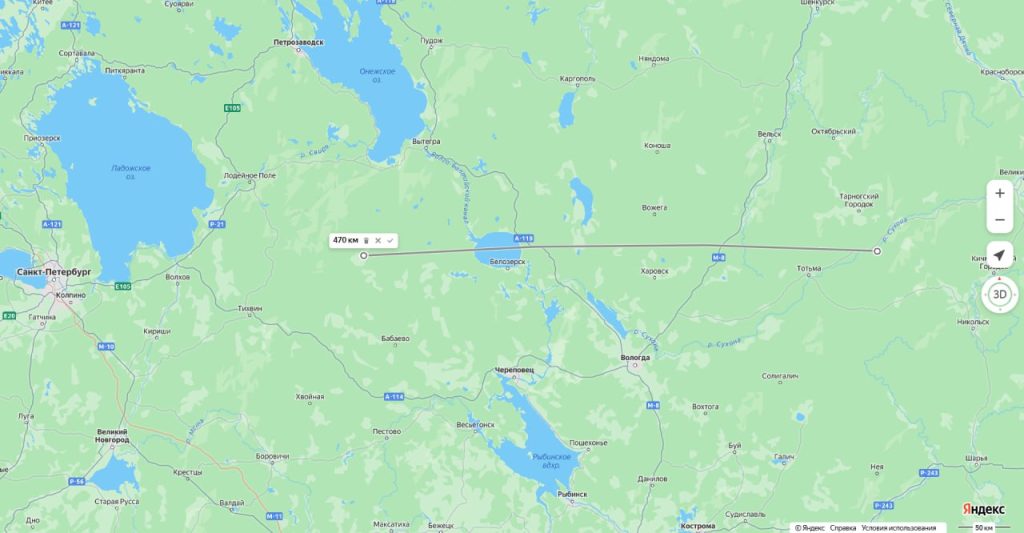 Probabile traiettoria del bolide sopra la Russia europea, da est verso ovest, a nord di Mosca (fonte: Yandex Maps).