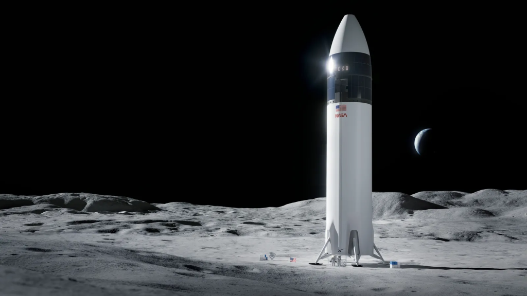 Rappresentazione artistica di un HLS sulla superficie lunare. Credito: SpaceX