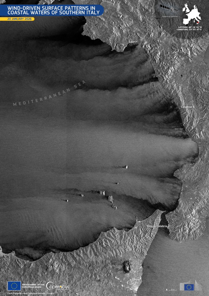 Sentinel-1: l'immagine radar mostra l'effetto della tempesta Harry sul Sud Italia
Crediti: Unione Europea, immagini Copernicus Sentinel-1