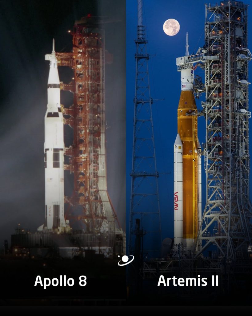 Il Saturn-V di Apollo-8 e lo SLS di Artemis-II a confronto.