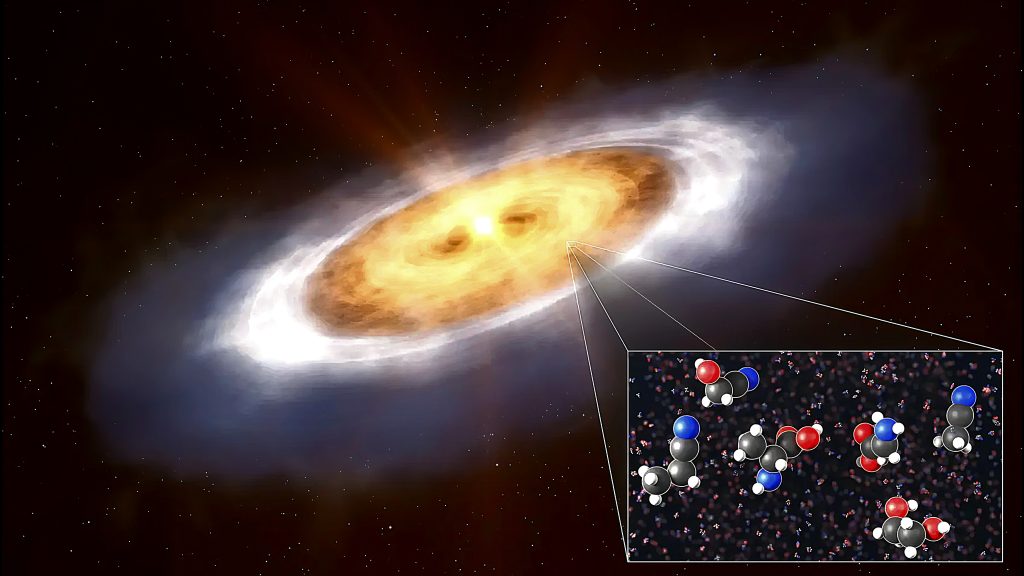La struttura chimica di molecole organiche complesse rilevate in un disco protoplanetario. © Crediti: ESO/L. Calçada/T. Müller (MPIA/HdA)