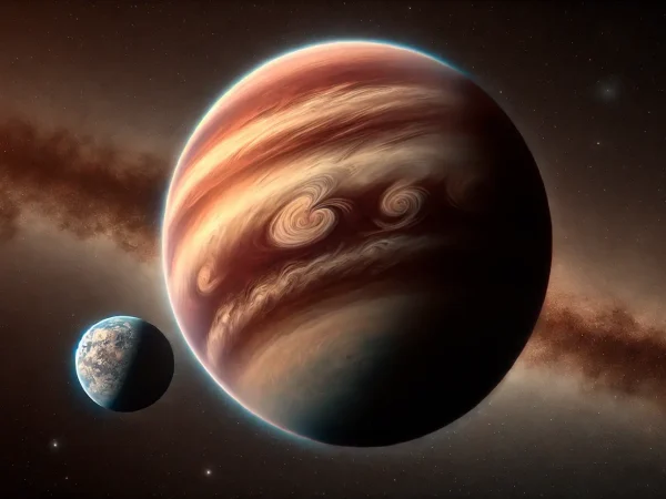 Impressione artistica di un'esoluna che orbita attorno a un pianeta nomade, realizzata dagli autori dello studio attraverso l'IA. Crediti: D.Dahlbüdding / ChatGPT / DALL·E