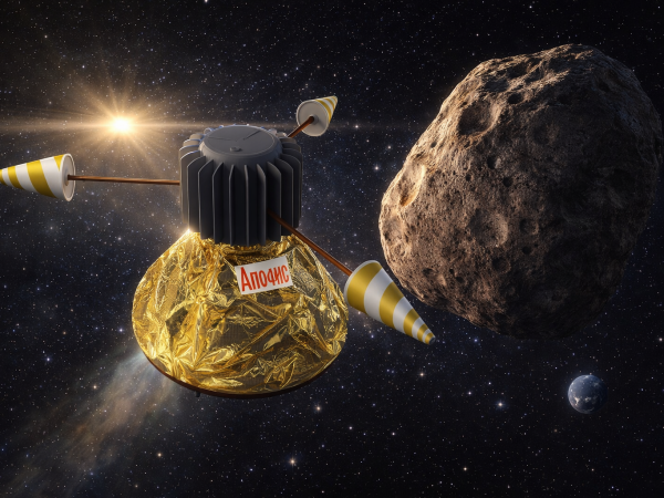Rappresentazione artistica del minisatellite proposto per avvicinare l'asteroide Apophis. Immagine generata dall'AI