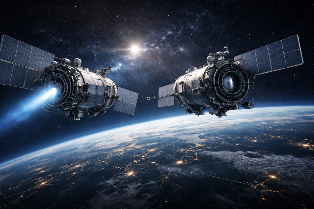 Rappresentazione artistica, generata dall'AI, di due satelliti durante una manovre in orbita