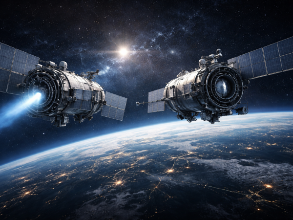Rappresentazione artistica, generata dall'AI, di due satelliti durante una manovre in orbita