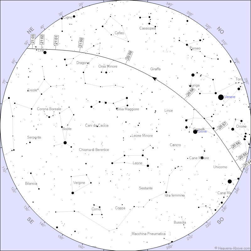 Il passaggio di questa sera con la mappa attraverso le costellazioni della volta celeste
