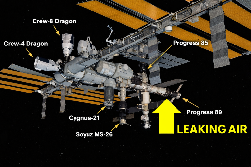 Schema della ISS con evidenziato il punto della perditasul modulo Zvezda