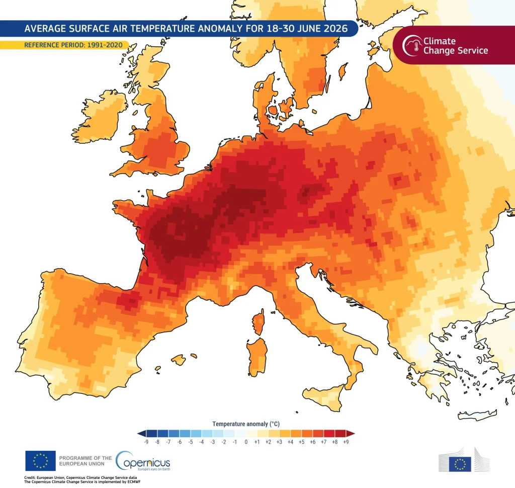Mappa giugno ondata di calore in Europa